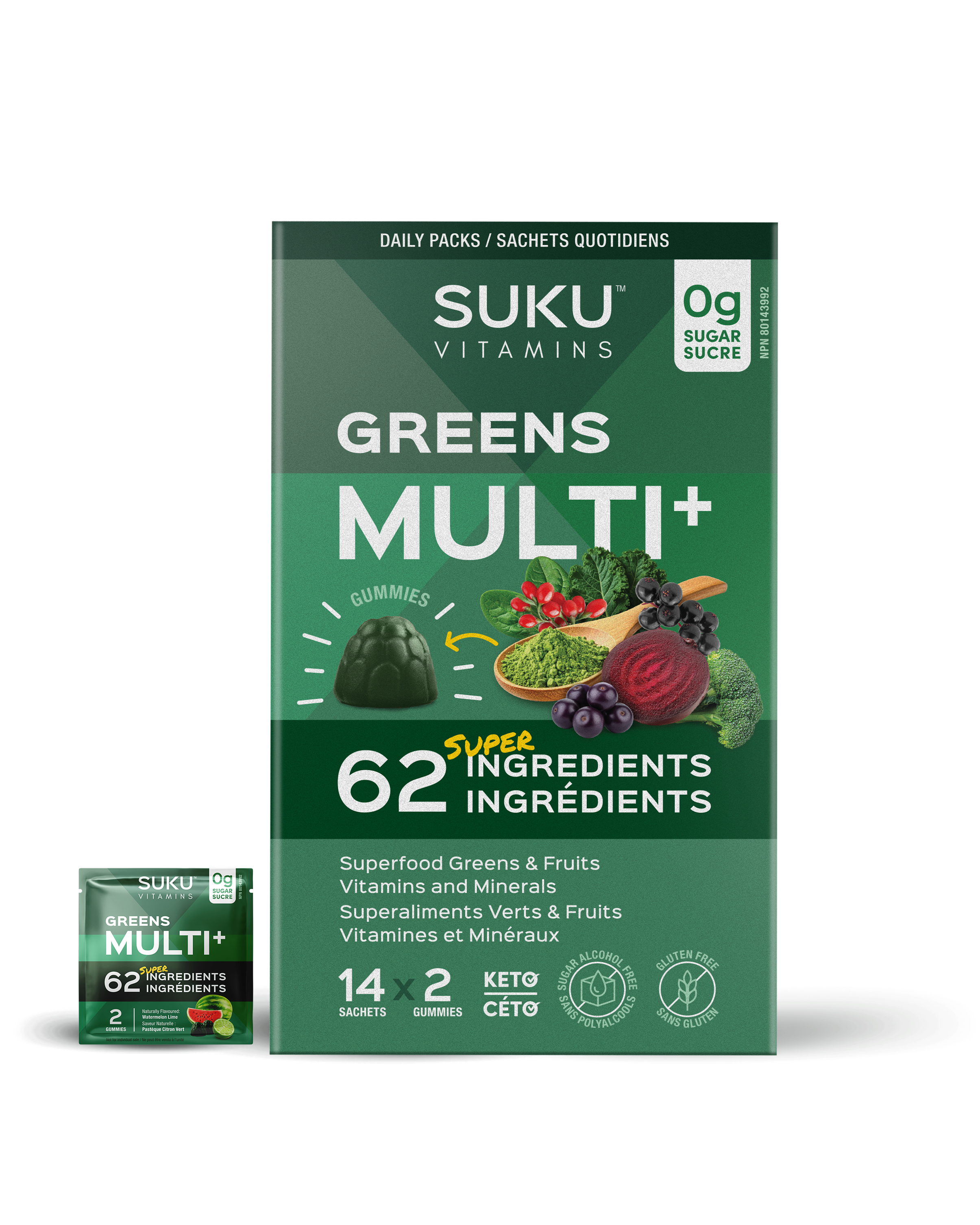 Suku Vitamins Greens Multi+ packaging on a white background