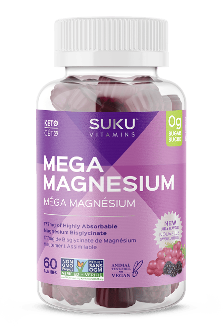 Bottle of Suku Vitamins Mega Magnesium on a white background