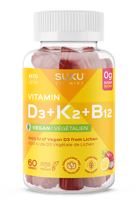 Bottle of Suku Vitamins Vitamin D3+K2+B12 gummies on a white background