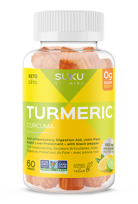 Bottle of Suku Vitamins Turmeric Curcuma supplements on a white background