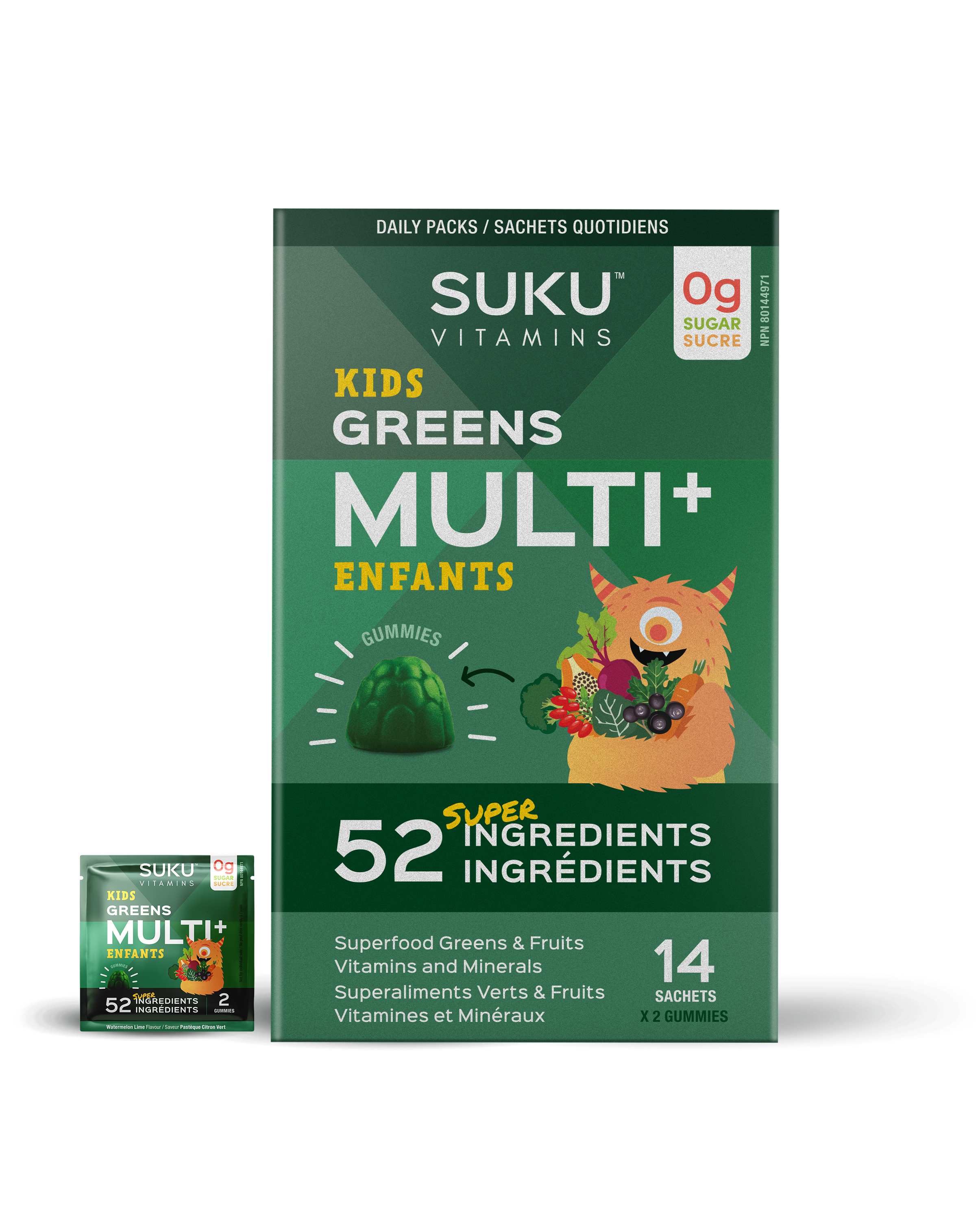 Suku Kids Greens Multi+ supplement packaging on a white background